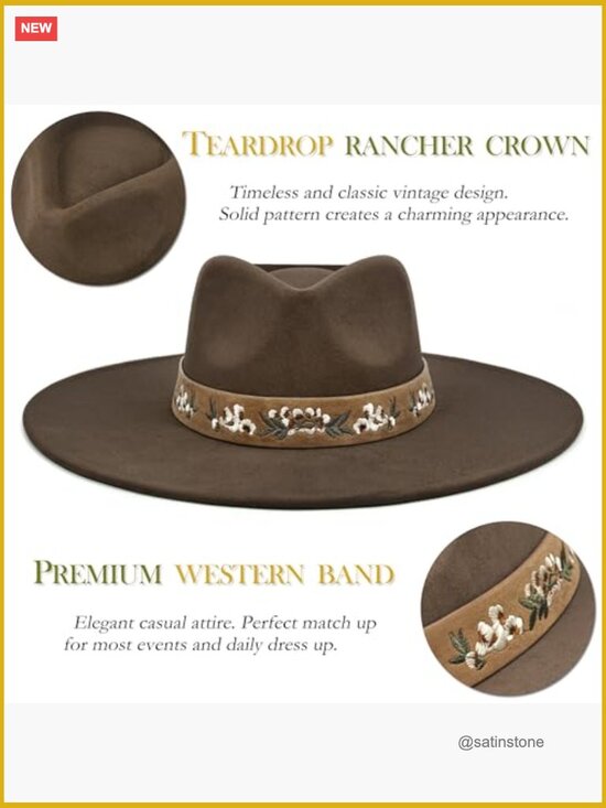 Wide Brim Felt Fedora Hat - Boho Western Rancher Hat for Women Men